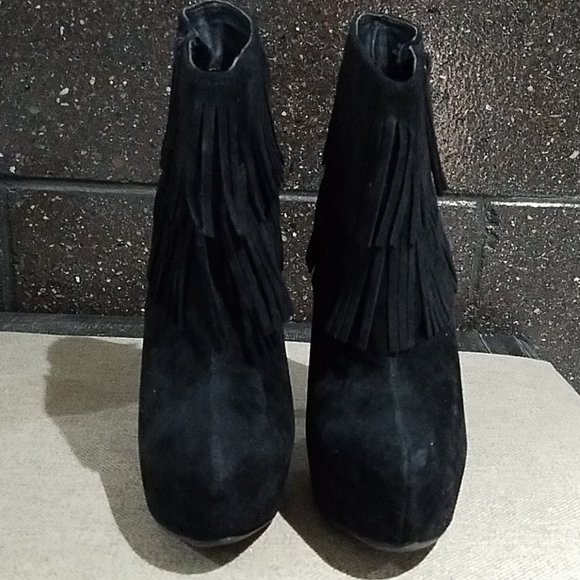 BLACK PLATFORM BOOTIES W FRINGES SUPER HIGH HEELS MOBWIFE CLUBWEAR GOING OUT - Picture 3 of 11